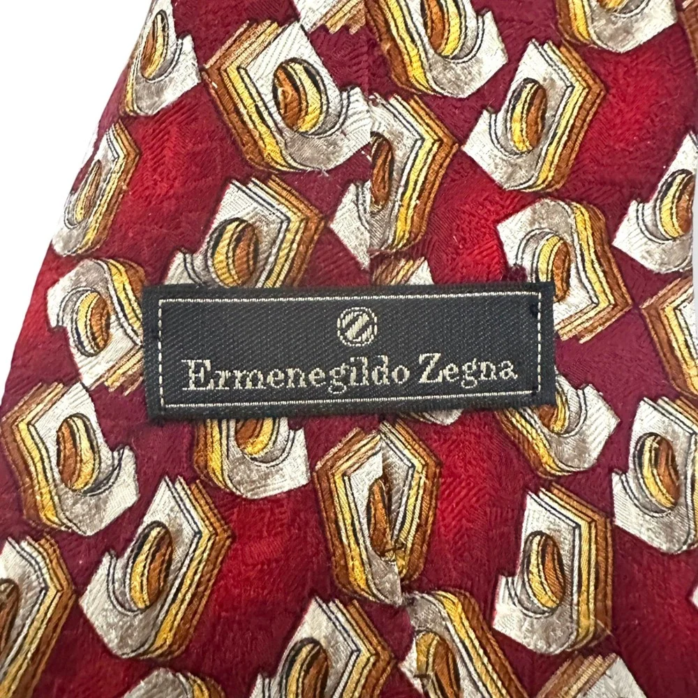 Vtg Ermenegildo Zegna Necktie Tie 100% Silk Red Geometric Abstract Luxury Men OS